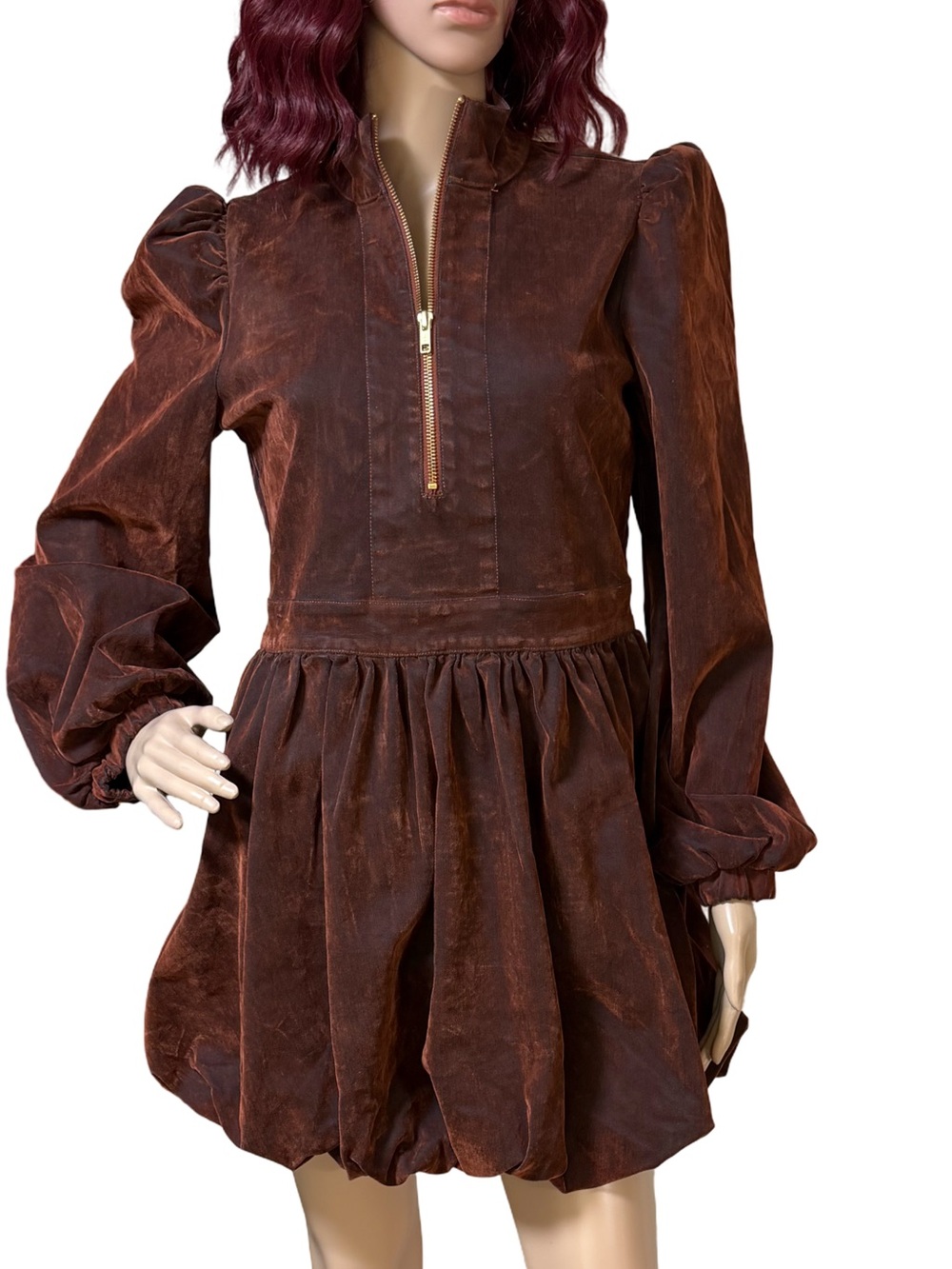 AKIRA NWT Sz S Brown Velvet Denim Long Sleeve Flare Bubbly Mini Dress (0779) - Picture 5 of 16